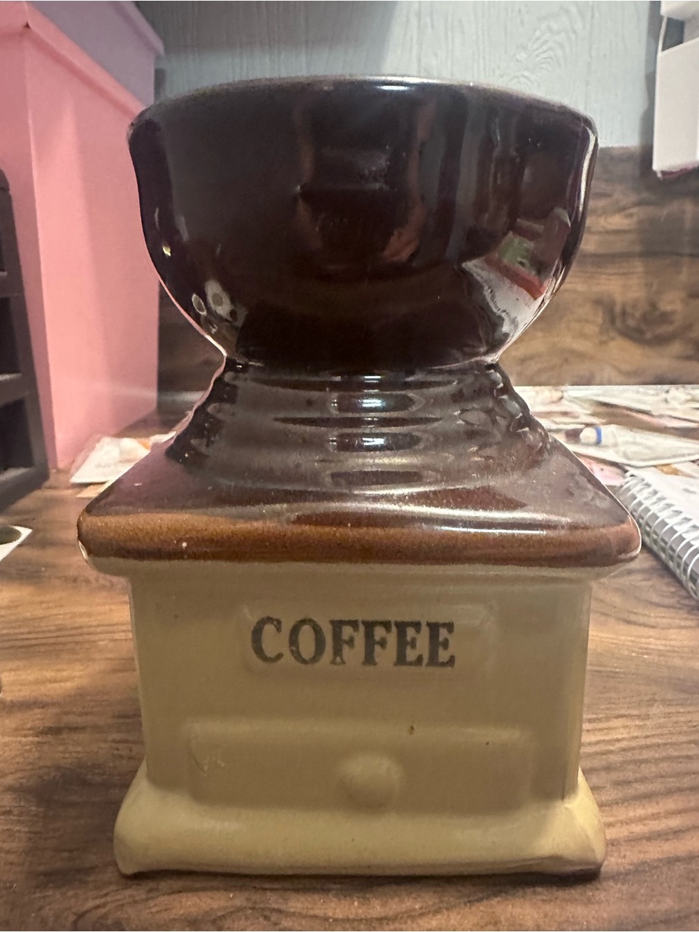 Vintage brown drip and beige ceramic coffee mill grinder case planter